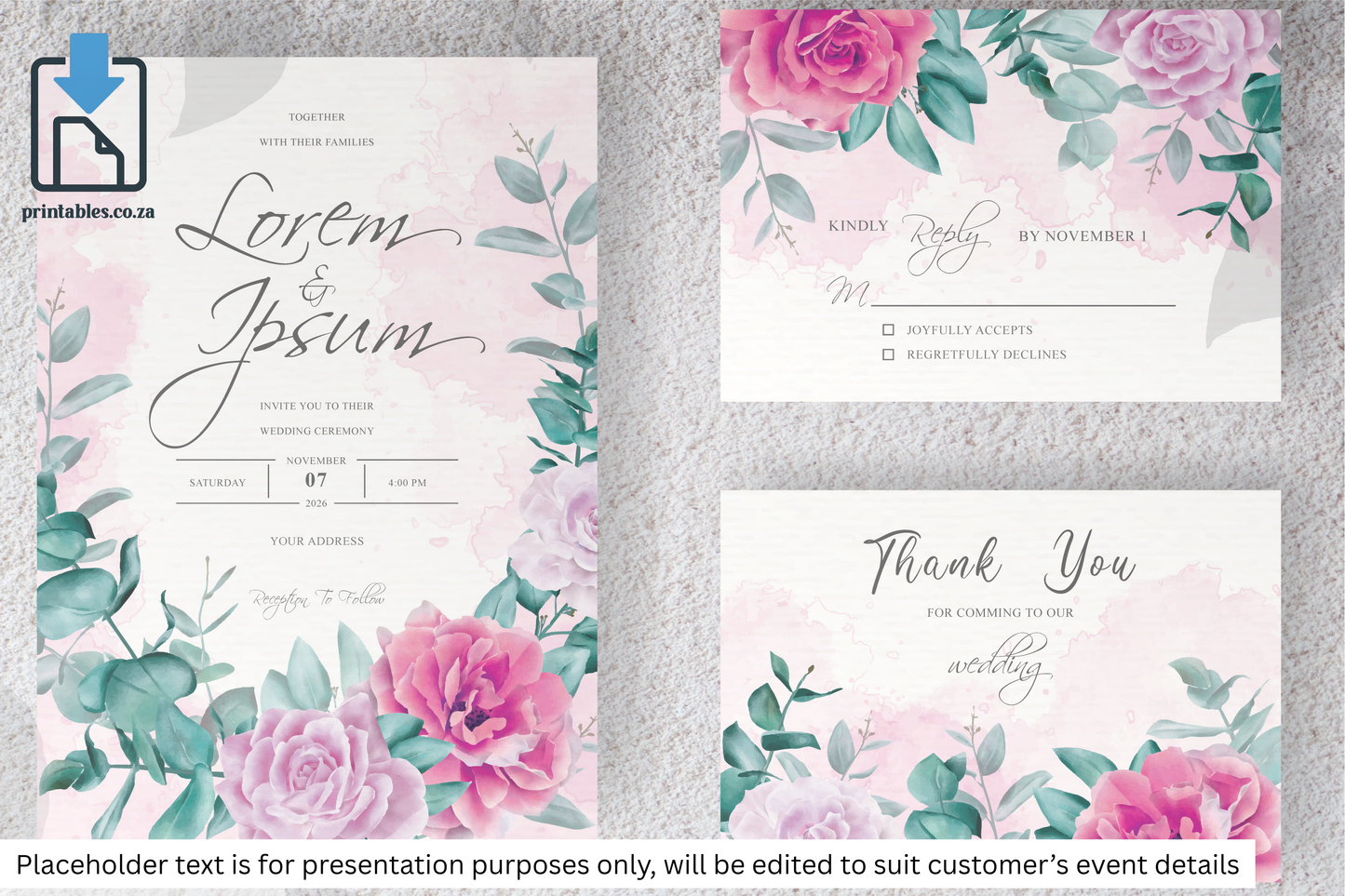 16 Elegant Pink Floral Frame Wedding Invitation Set