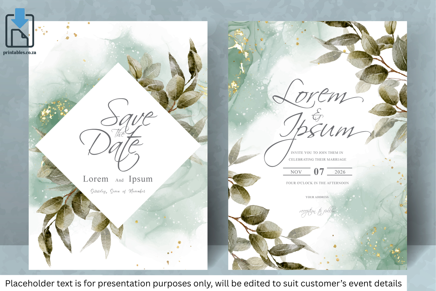 199 Watercolor Foliage Frame Wedding Invitation Set