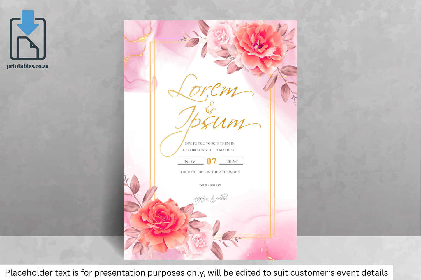 208 Elegant Pink Floral Frame Wedding Invitation Card