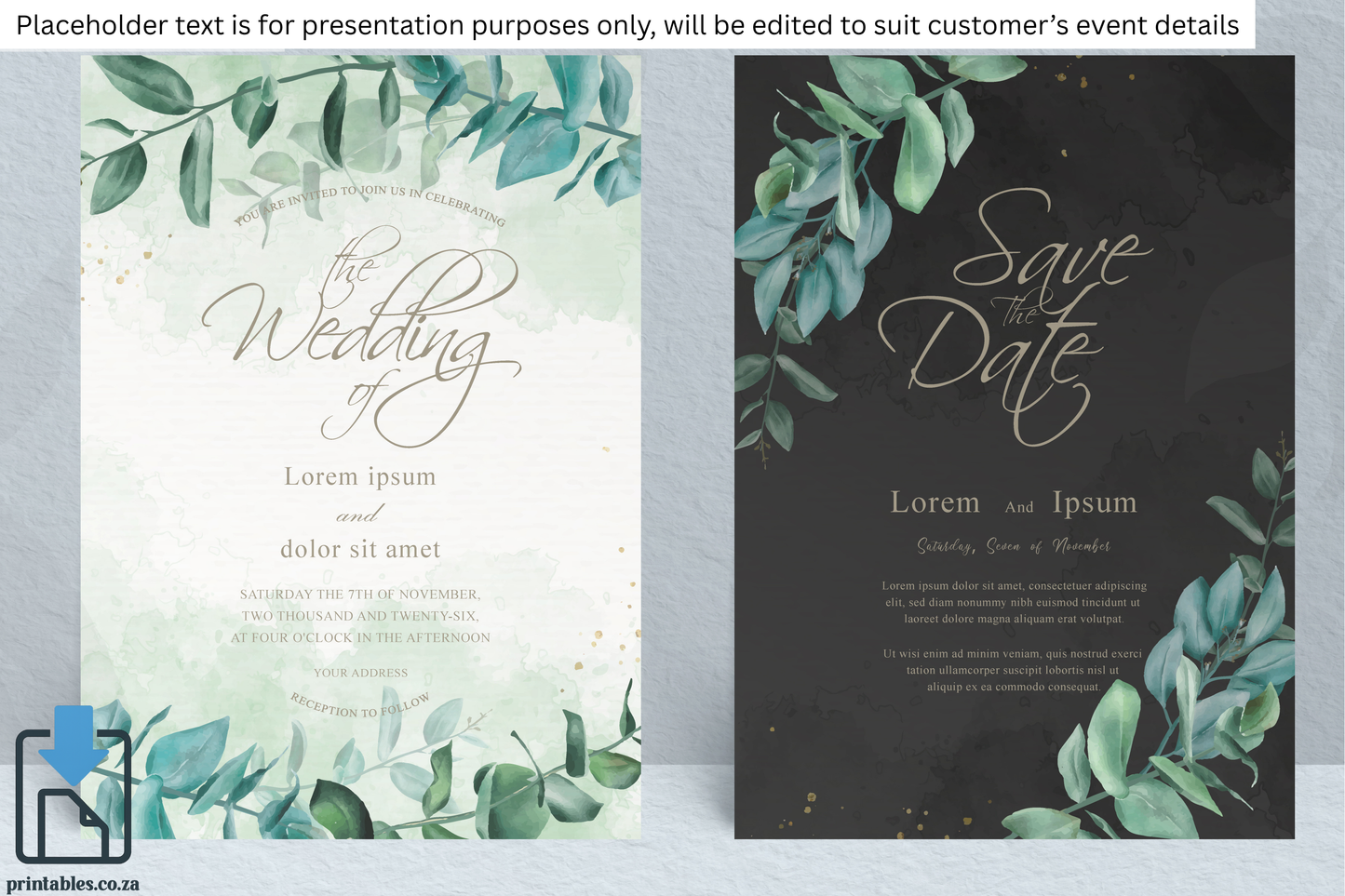 24 Watercolor Eucalyptus Frame Wedding Card Set