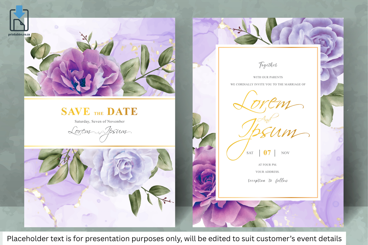 269 Elegant Purple Floral Frame Wedding Invitation Set