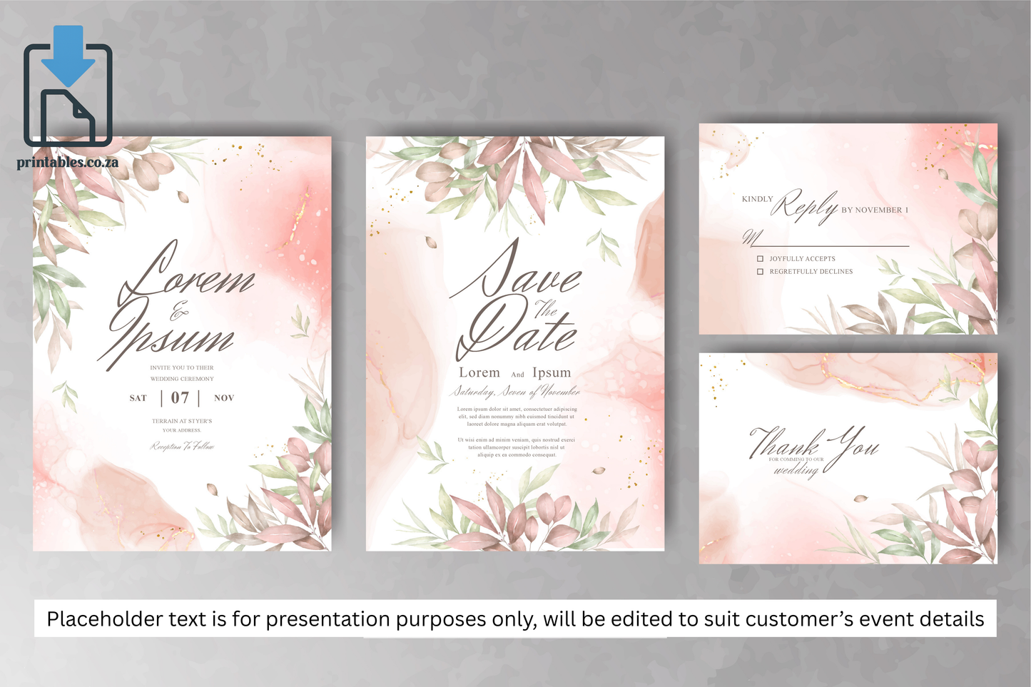 411 Elegant Watercolor Floral Wedding Invitation Set