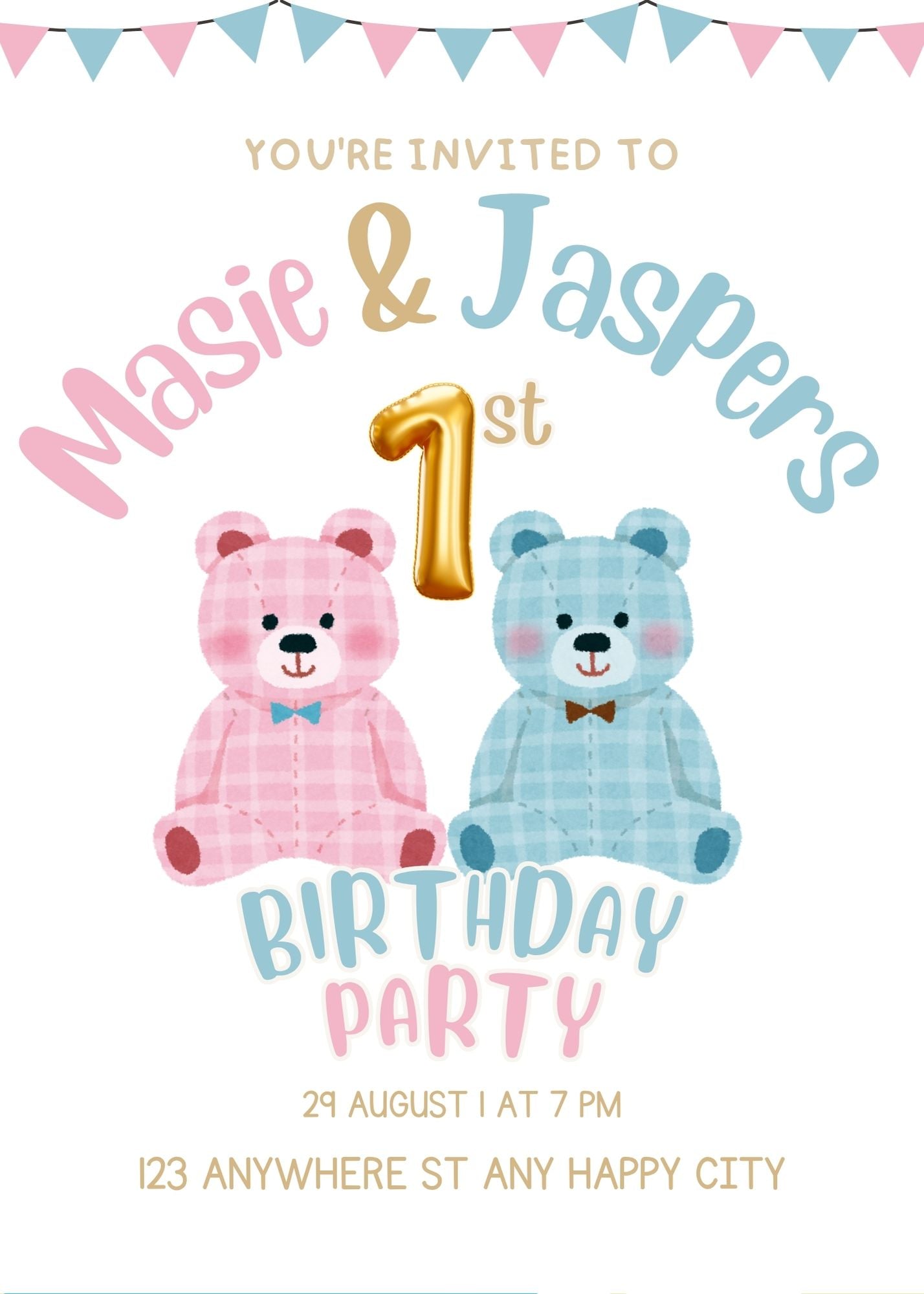Twins Teddy Bear Design Party Invitation