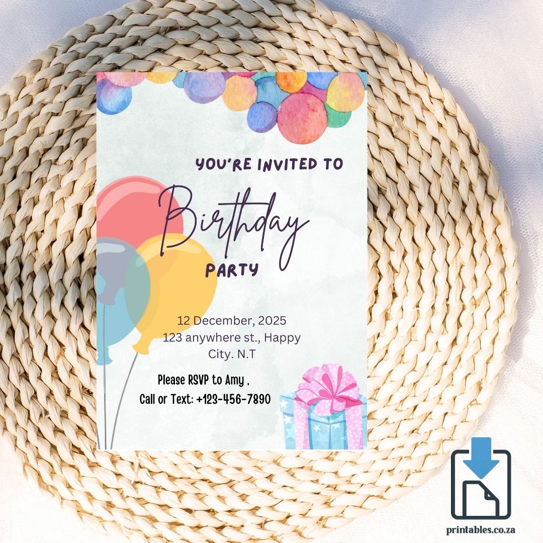 Balloon Birthday Invitation – Colorful Party Gift Box Design