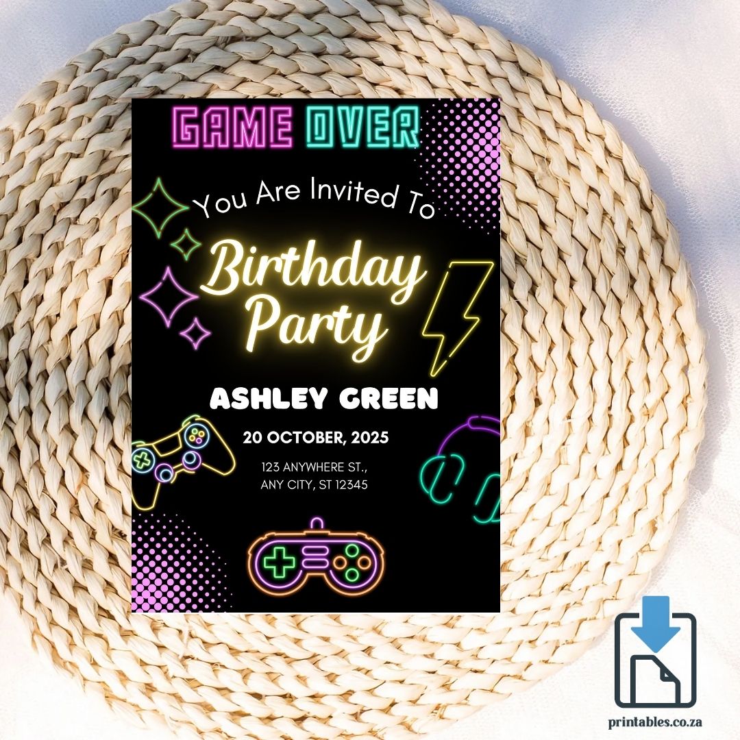 Gamer Invitation – Neon Game Theme Printable File
