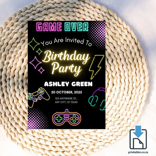 Gamer Invitation – Neon Game Theme Printable File