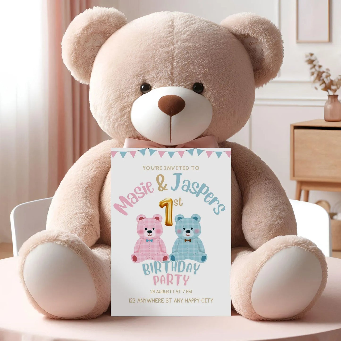 Twins Teddy Bear Design Party Invitation