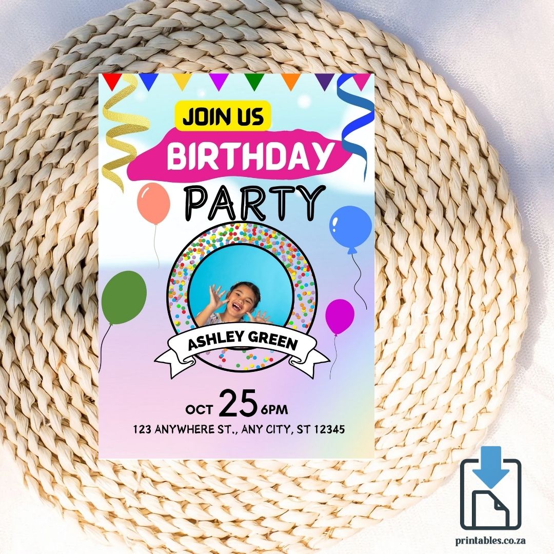 Photo Party Invitation – Balloons and Confetti Theme