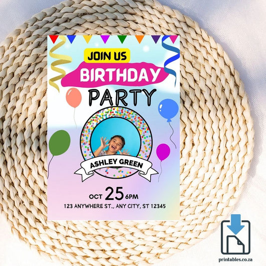 Photo Party Invitation – Balloons and Confetti Theme