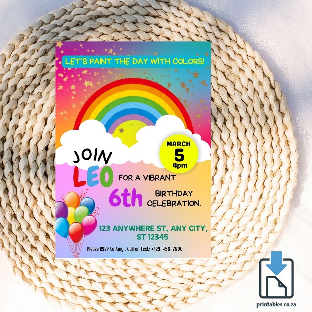 Rainbow Birthday Invitation – Balloons & Clouds Party Design