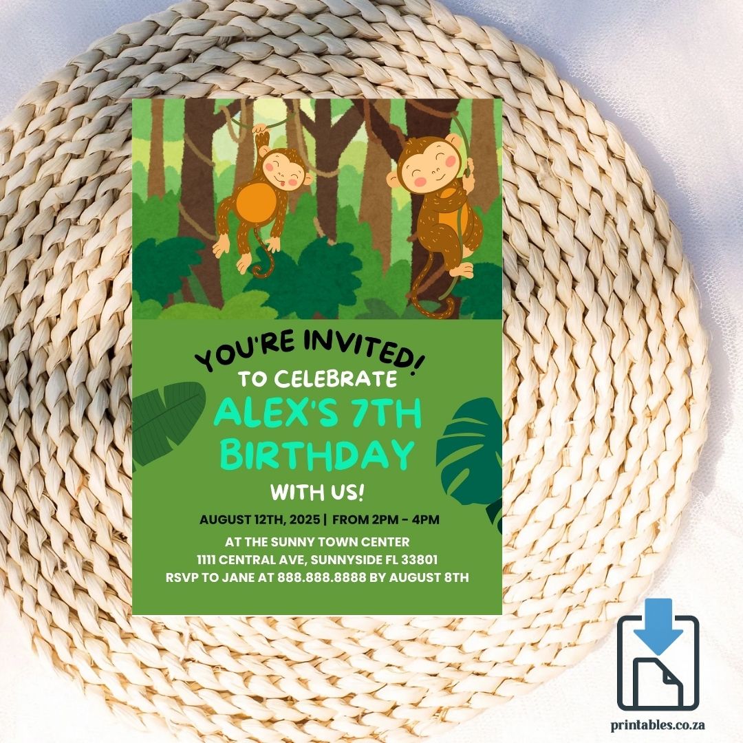 Safari Animals Invitation – Monkey & Leaves Birthday Design