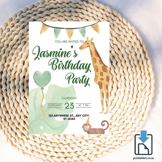 Safari Birthday Invitation – Giraffe & Monkey Green Party Design