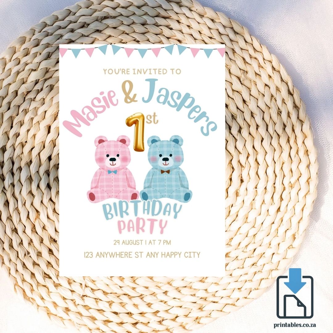 Twins Teddy Bear Design Party Invitation