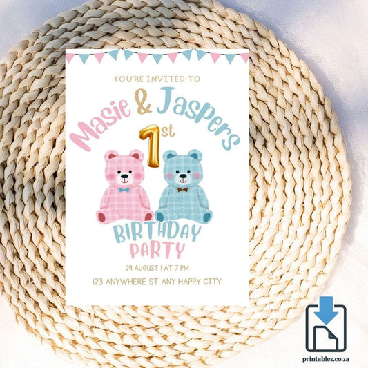 Twins Teddy Bear Design Party Invitation