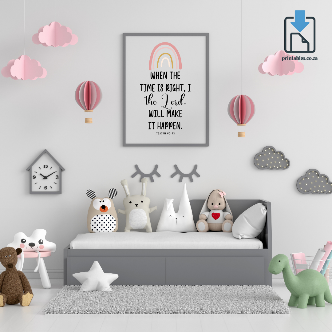Rainbow Kids Room Printable - When the time is right, I, the Lord, will make it happen (Pink Rainbow)
